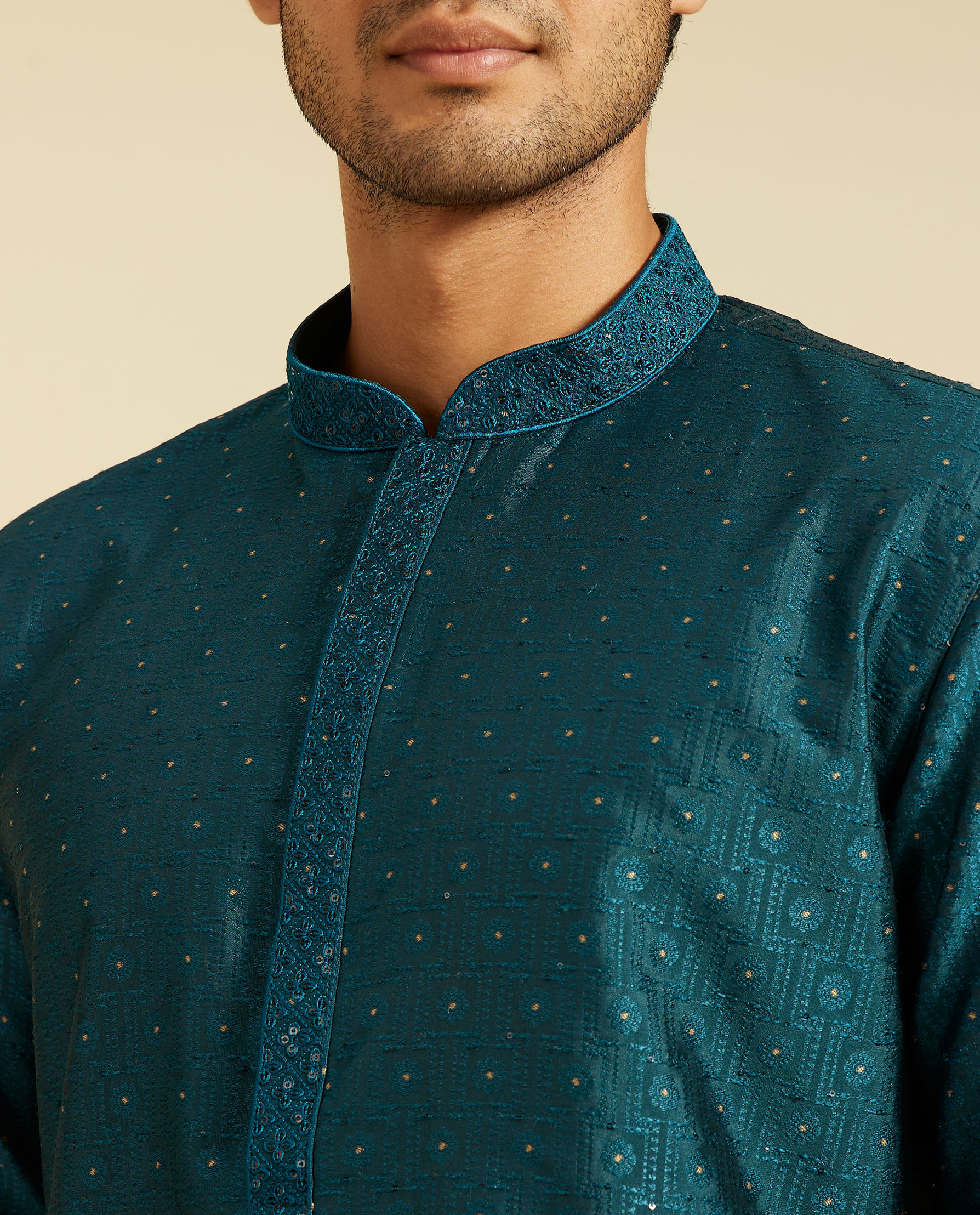 Diwas Men Teal Blue Buta Patterned Kurta with Rhinestones