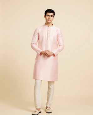 Diwas Men Rose Pink Ogee Patterned Kurta with Potli Buttons