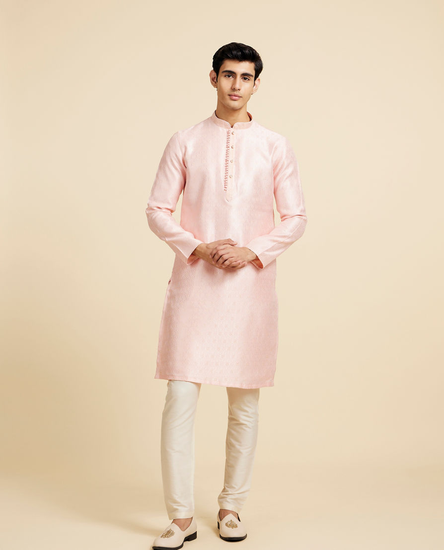 Diwas Men Rose Pink Ogee Patterned Kurta with Potli Buttons