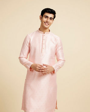 Diwas Men Rose Pink Ogee Patterned Kurta with Potli Buttons