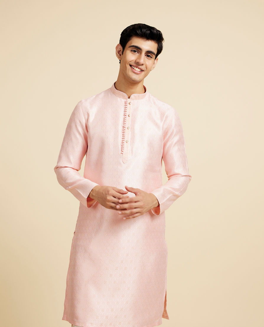 Diwas Men Rose Pink Ogee Patterned Kurta with Potli Buttons