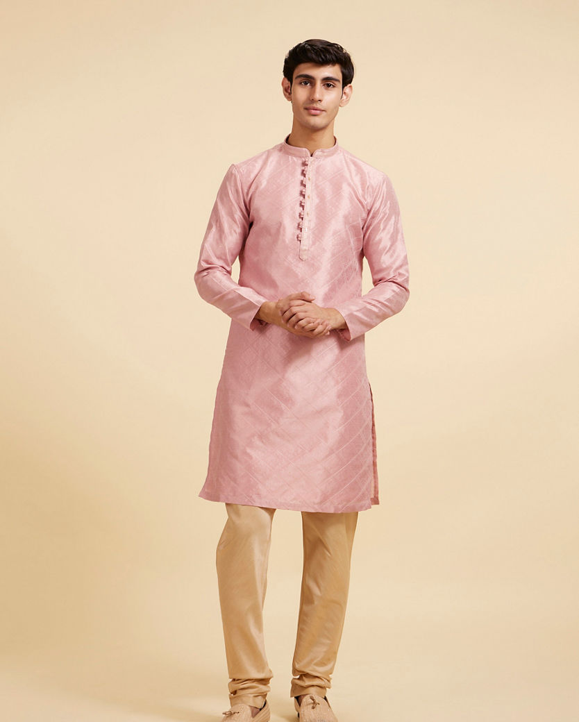 Diwas Men Rose Pink Buta Jaal Patterned Kurta with Rhinestones