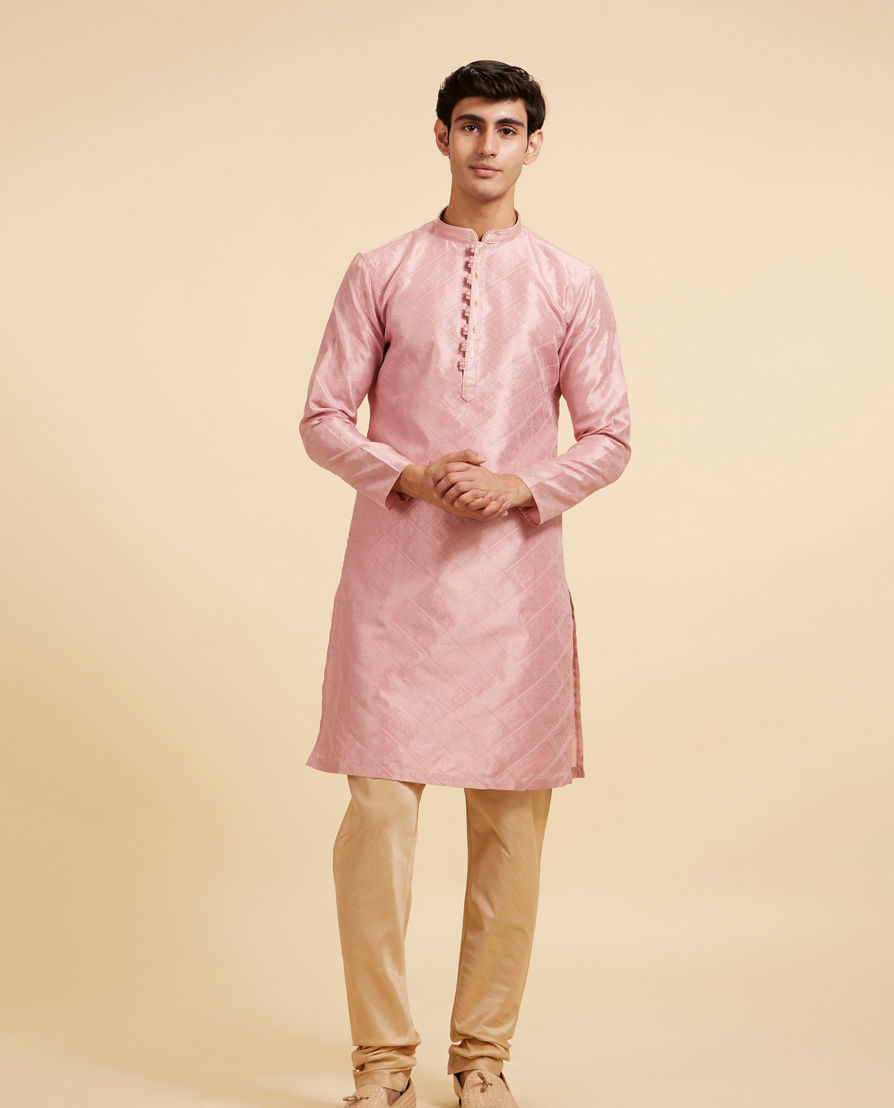 Diwas Men Rose Pink Buta Jaal Patterned Kurta with Rhinestones
