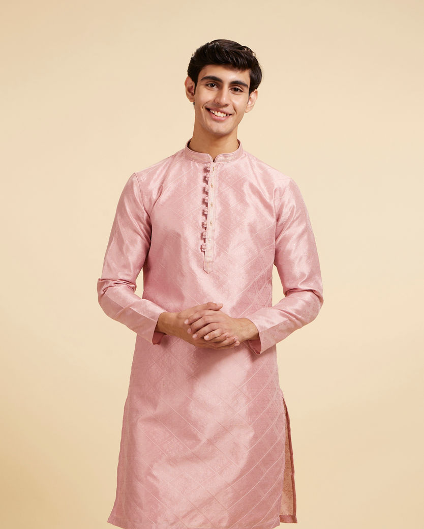 Diwas Men Rose Pink Buta Jaal Patterned Kurta with Rhinestones