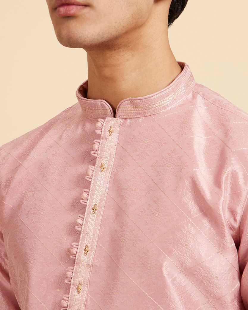 Diwas Men Rose Pink Buta Jaal Patterned Kurta with Rhinestones