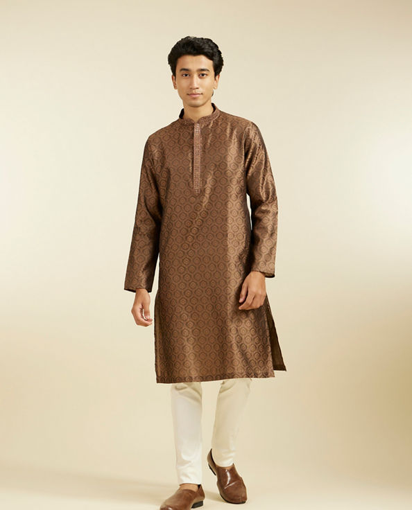 alt message - Diwas Men Mocha Brown Jaal Kurta with Jhallar Motifs image number 2