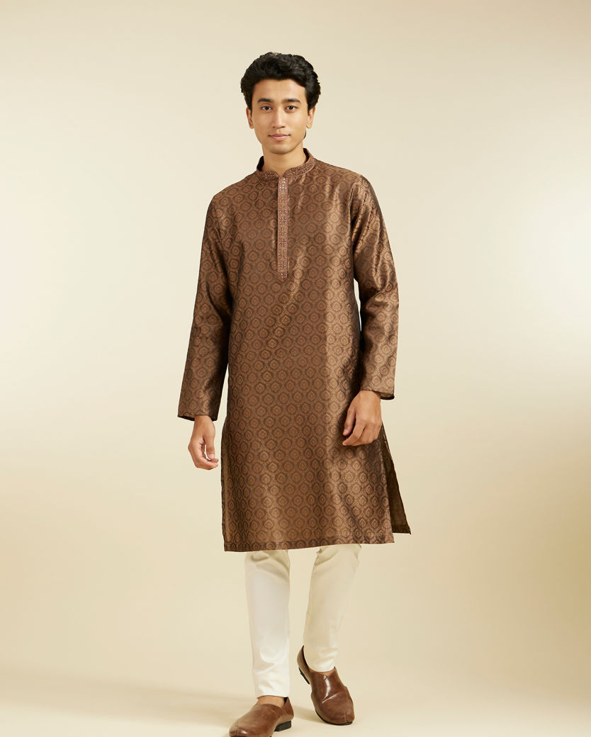 Diwas Men Mocha Brown Jaal Patterned Kurta with Jhallar Motifs