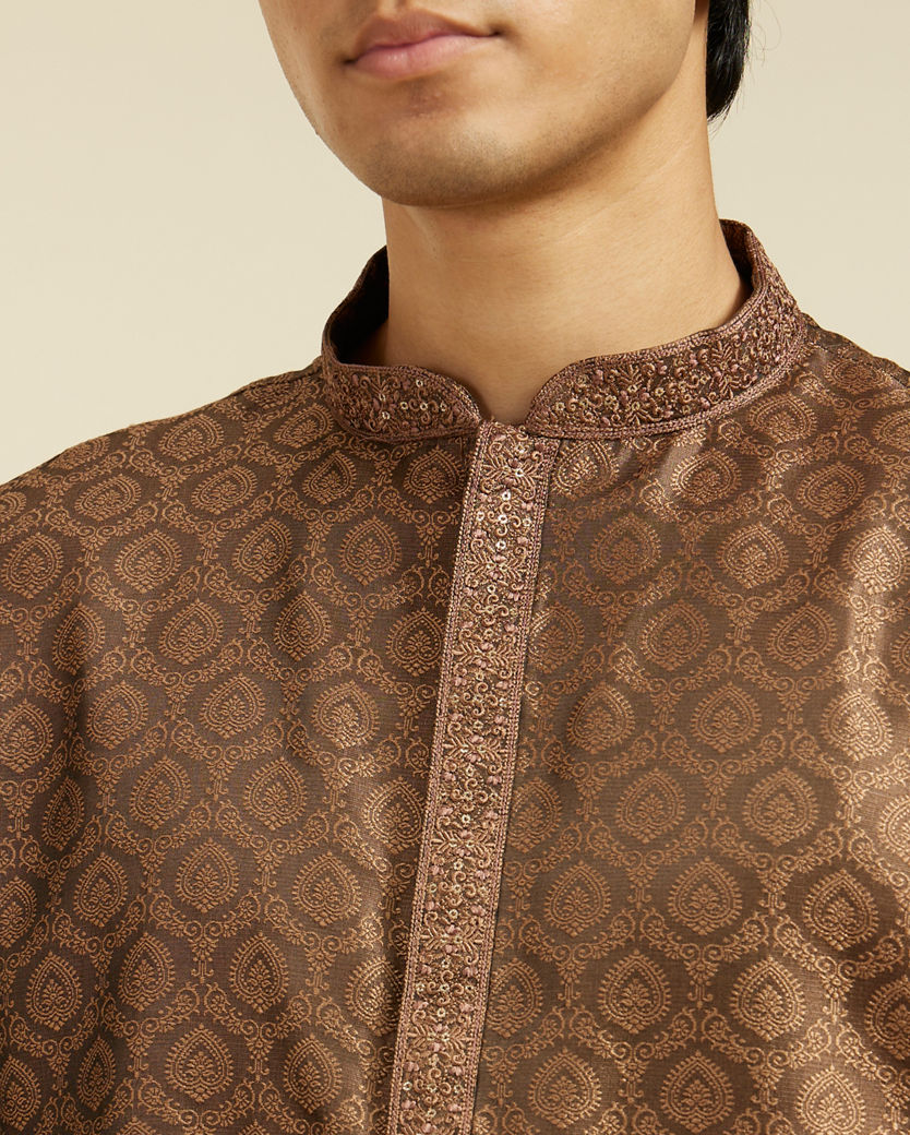 alt message - Diwas Men Mocha Brown Jaal Kurta with Jhallar Motifs image number 1