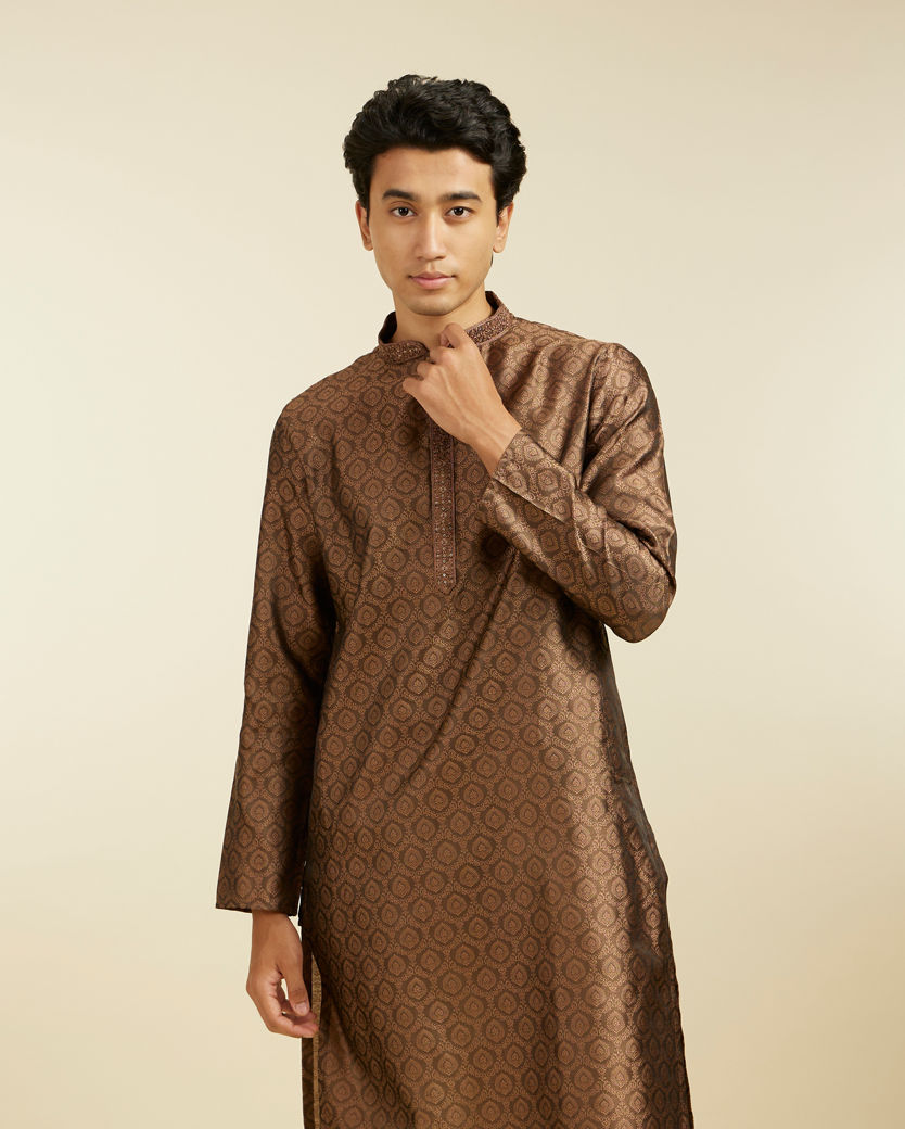 alt message - Diwas Men Mocha Brown Jaal Kurta with Jhallar Motifs image number 0