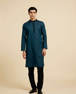 Diwas Men Teal Green Grid Patterned Kurta