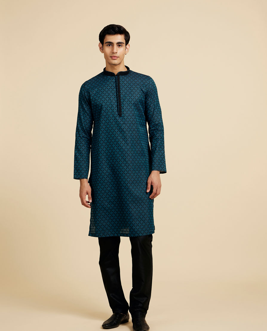 Diwas Men Teal Green Grid Patterned Kurta