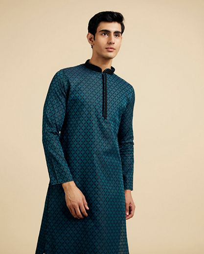 Diwas Men Teal Green Grid Patterned Kurta