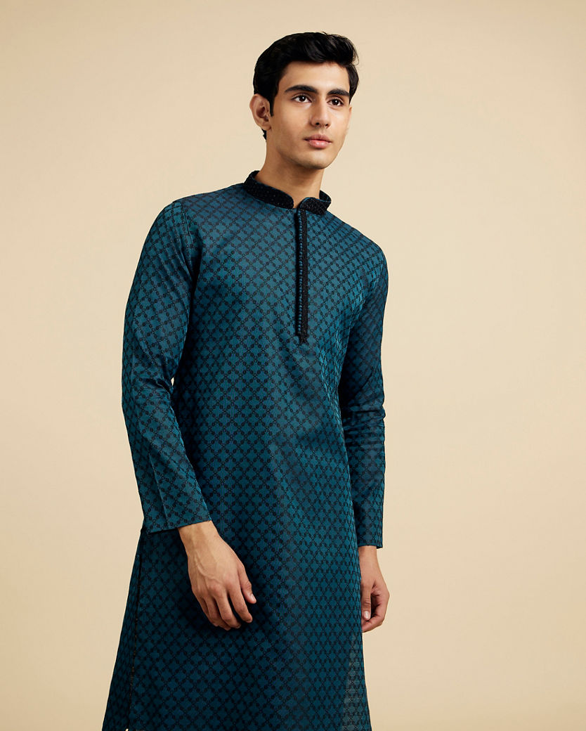 Diwas Men Teal Green Grid Patterned Kurta