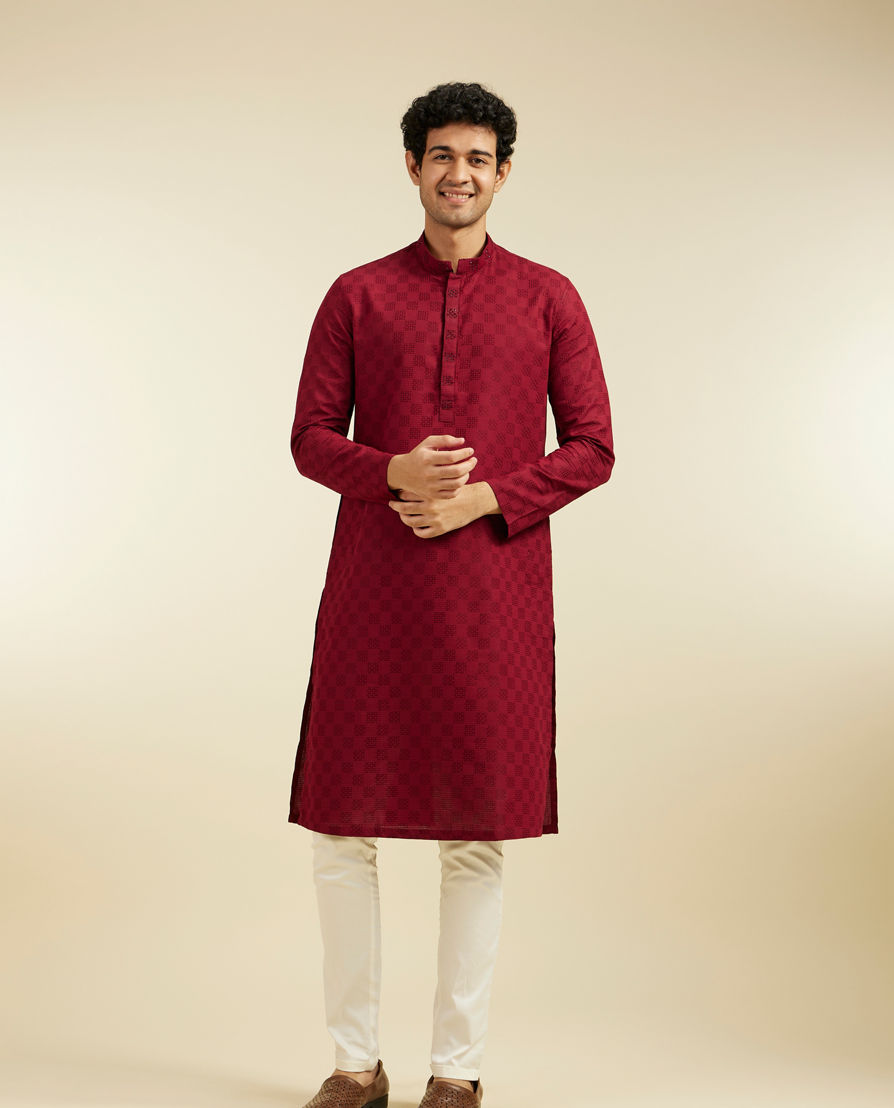 Diwas Men Maroon Red Grid Patterned Kurta with Embroidered Placket