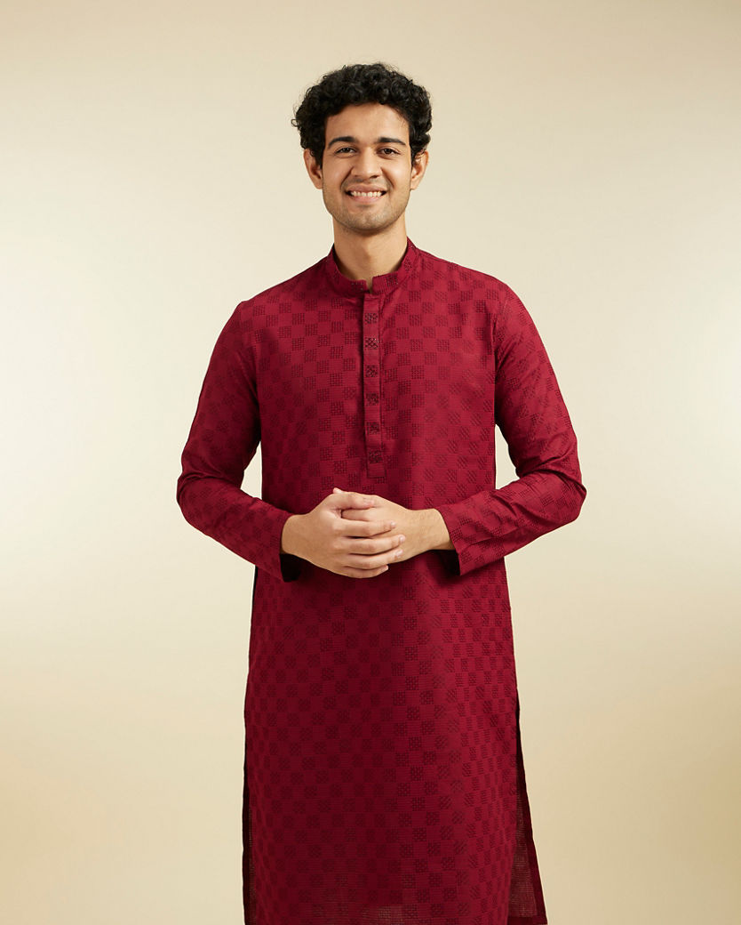 Diwas Men Maroon Red Grid Patterned Kurta with Embroidered Placket