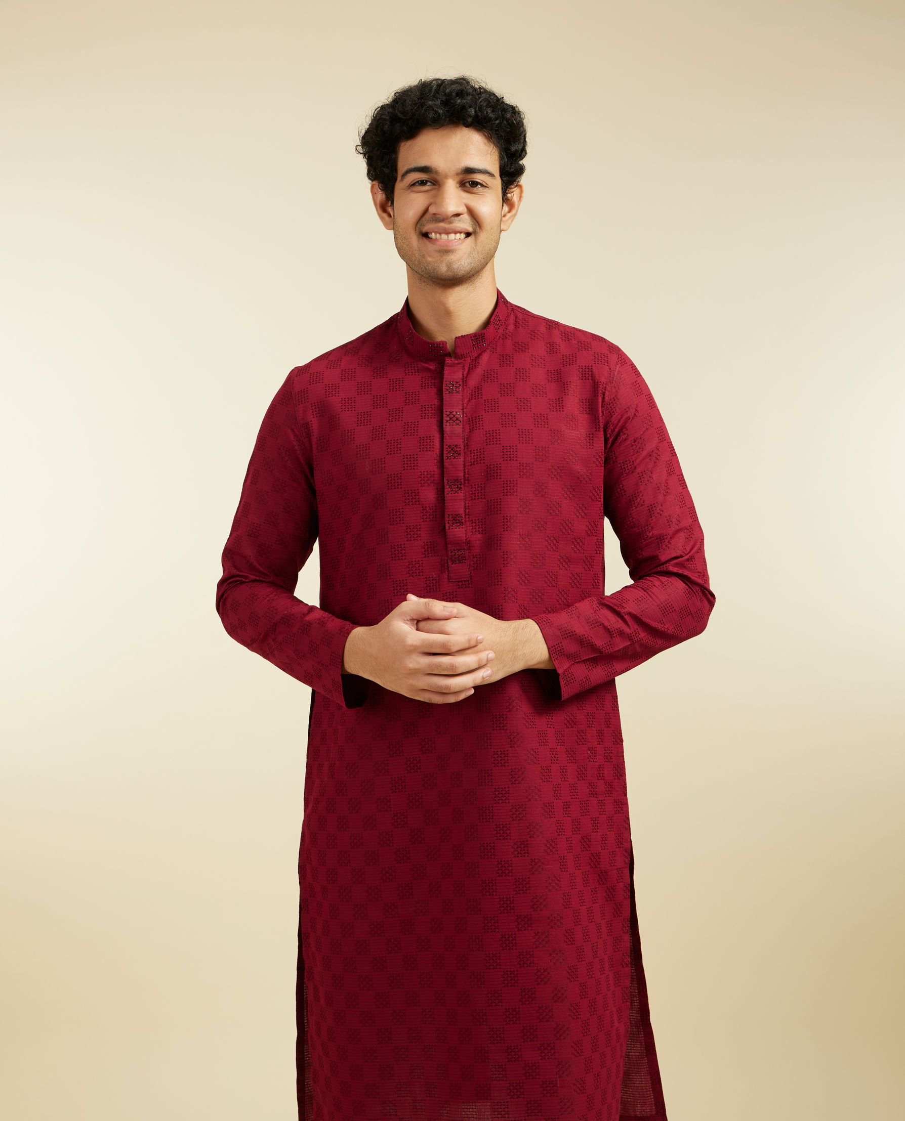 alt message - Diwas Men Maroon Grid Kurta with Embroidered Placket image number 0