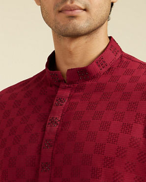 Diwas Men Maroon Red Grid Patterned Kurta with Embroidered Placket