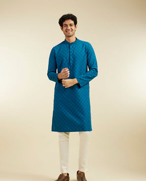 Diwas Men Teal Blue Grid Patterned Kurta with Embroidered Placket