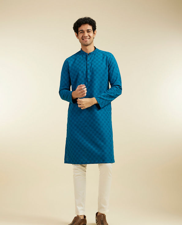 Diwas Men Teal Blue Grid Patterned Kurta with Embroidered Placket