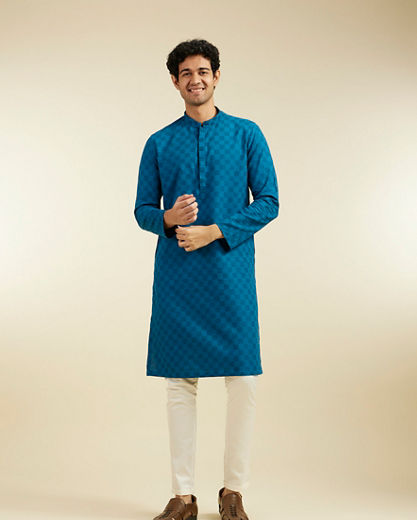Diwas Men Teal Blue Grid Patterned Kurta with Embroidered Placket
