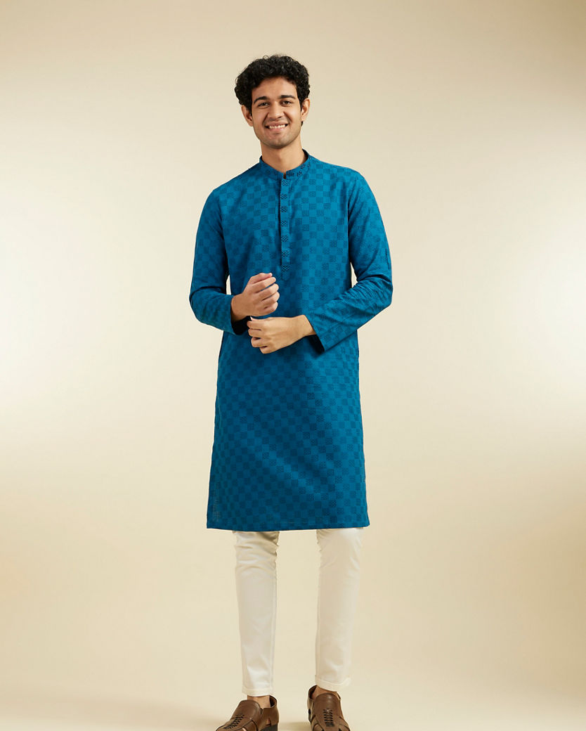 alt message - Diwas Men Teal Blue Grid Kurta with Embroidered Placket image number 2