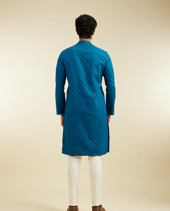 Diwas Men Teal Blue Grid Patterned Kurta with Embroidered Placket