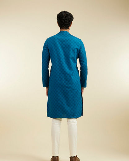 Diwas Men Teal Blue Grid Patterned Kurta with Embroidered Placket
