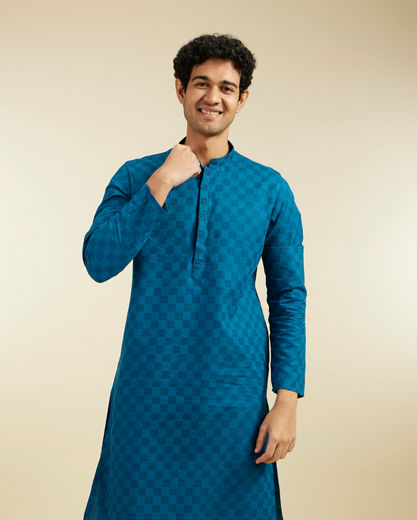 Diwas Men Teal Blue Grid Patterned Kurta with Embroidered Placket