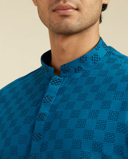 Diwas Men Teal Blue Grid Patterned Kurta with Embroidered Placket