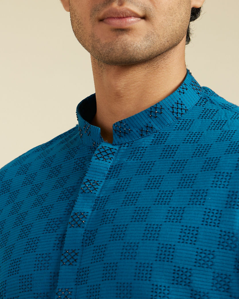 alt message - Diwas Men Teal Blue Grid Kurta with Embroidered Placket image number 1