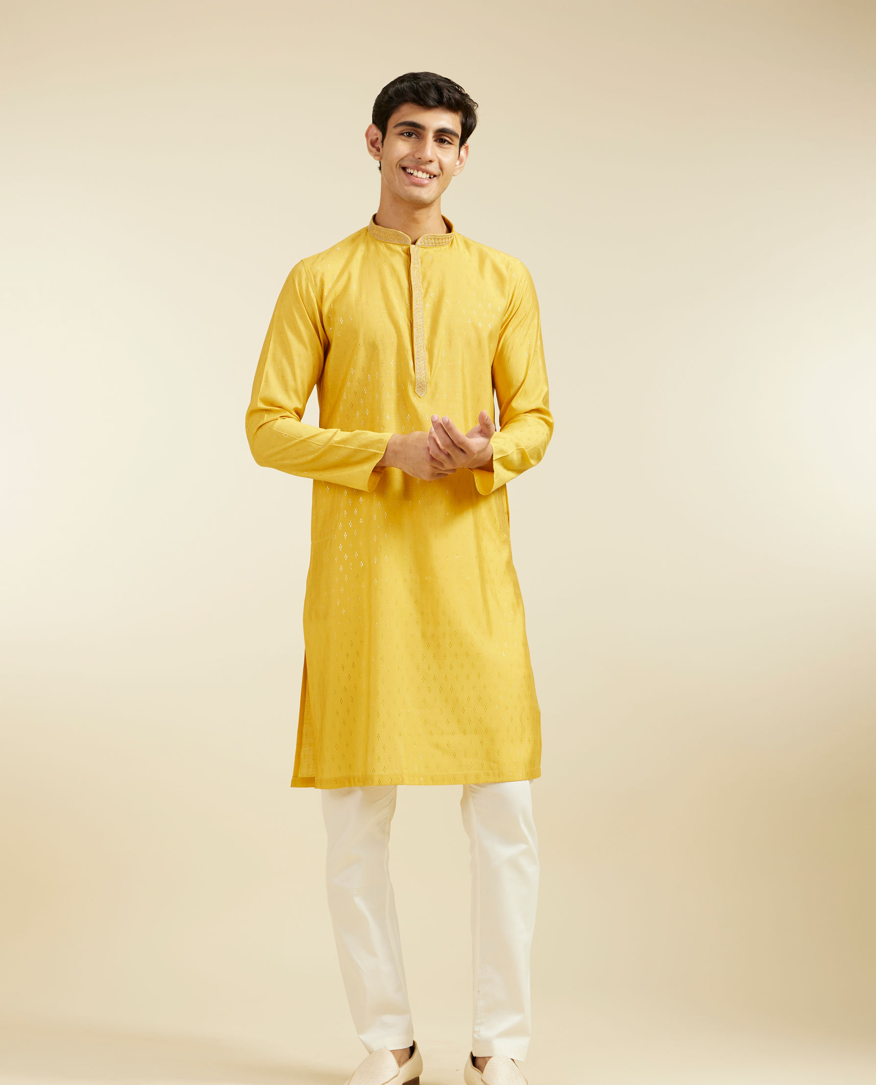 Diwas Men Mustard Yellow Kurta with Petal Motifs and Embroidered Placket