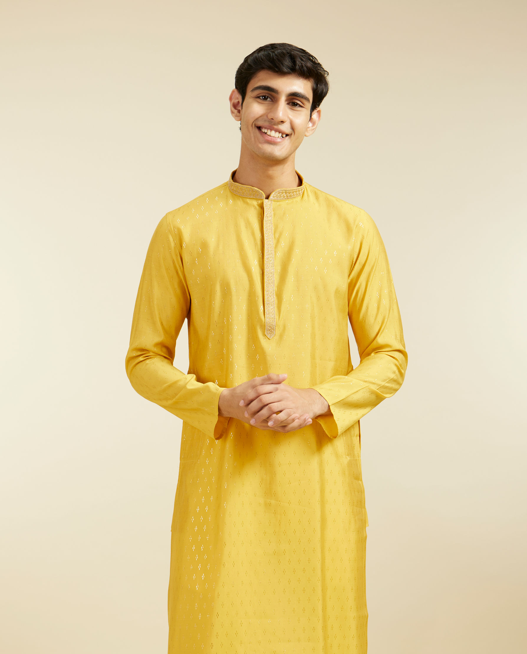 Diwas Men Mustard Yellow Kurta with Petal Motifs and Embroidered Placket