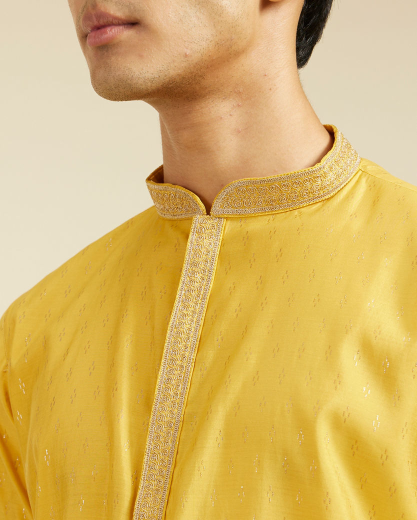 Diwas Men Mustard Yellow Kurta with Petal Motifs and Embroidered Placket