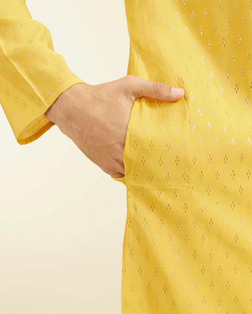 Diwas Men Mustard Yellow Kurta with Petal Motifs and Embroidered Placket