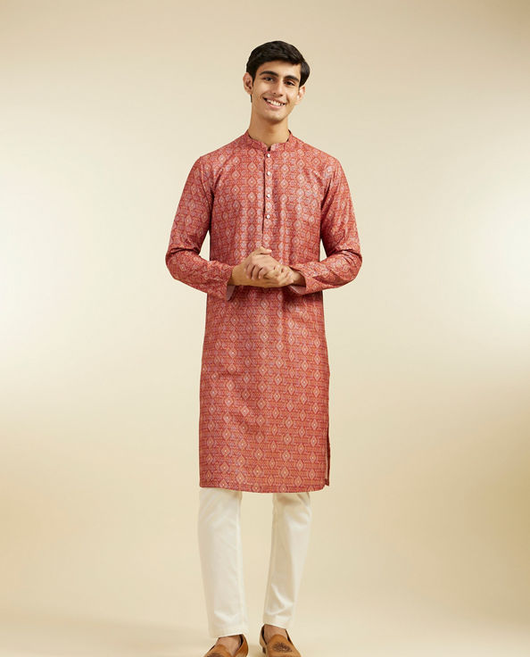 Diwas Men Rust Red Diamond Printed Kurta