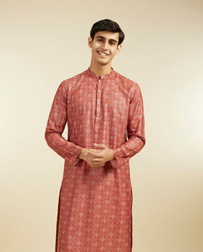Diwas Men Rust Red Diamond Printed Kurta