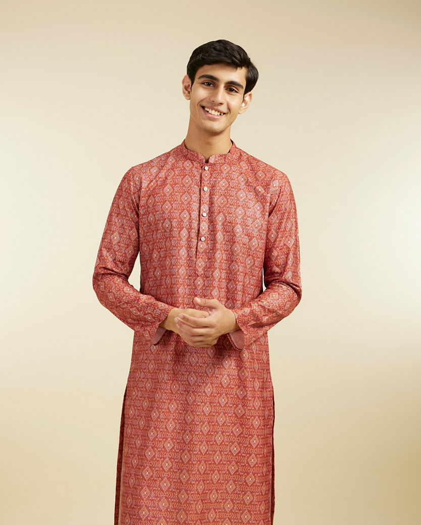 Diwas Men Rust Red Diamond Printed Kurta