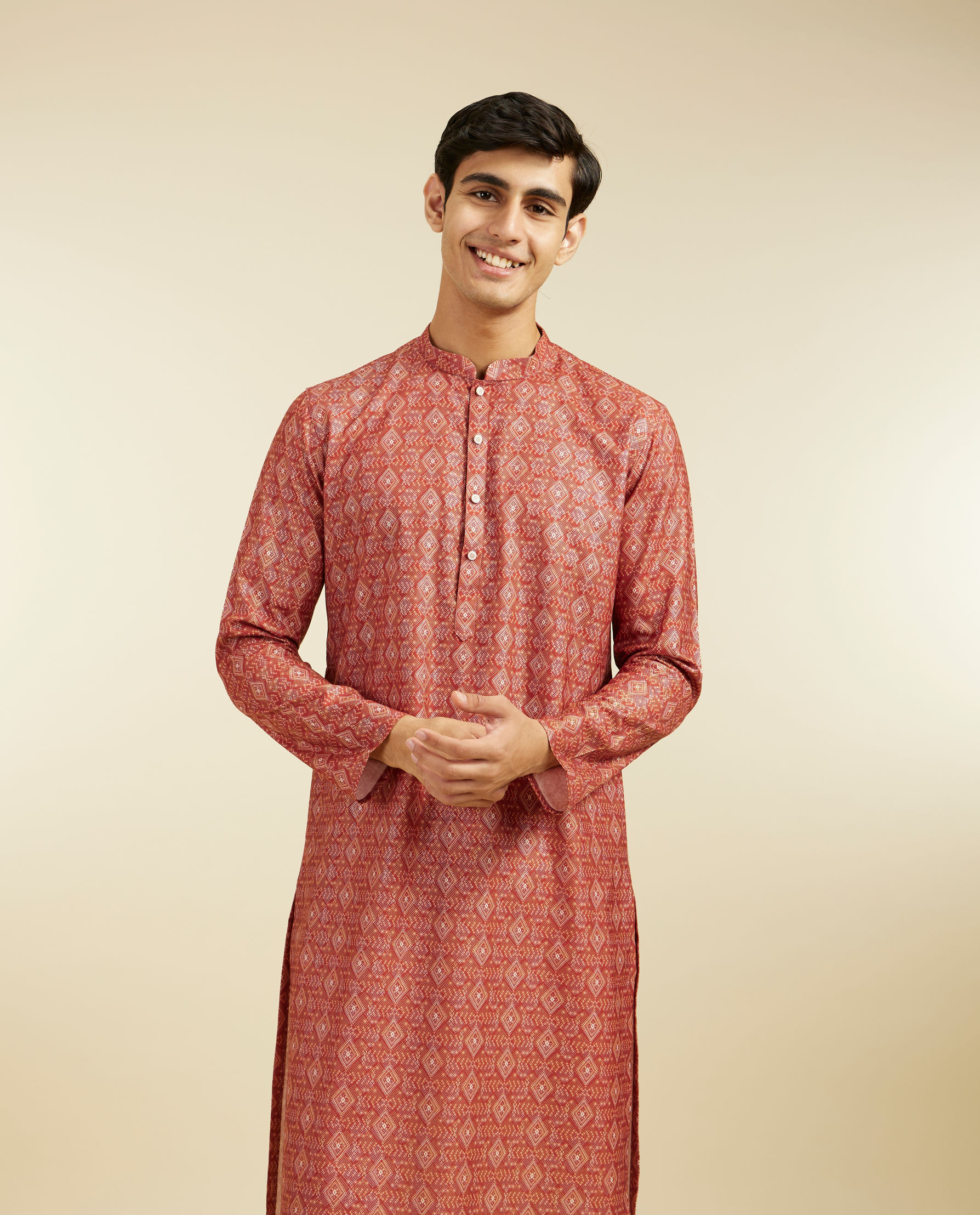 Diwas Men Rust Red Diamond Printed Kurta