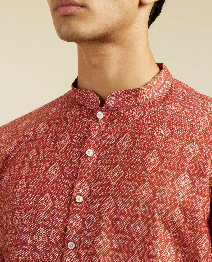 Diwas Men Rust Red Diamond Printed Kurta
