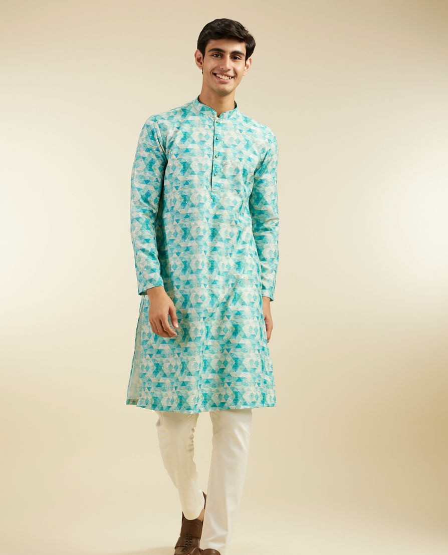 Diwas Men Aqua Green Harlequin Printed Kurta with Rhinestones