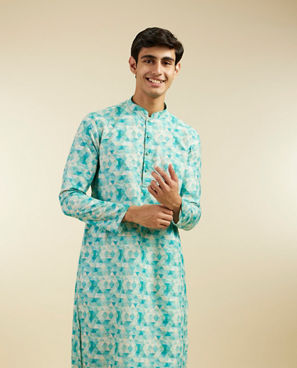Diwas Men Aqua Green Harlequin Printed Kurta with Rhinestones