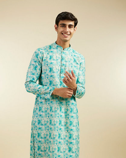 Diwas Men Aqua Green Harlequin Printed Kurta with Rhinestones