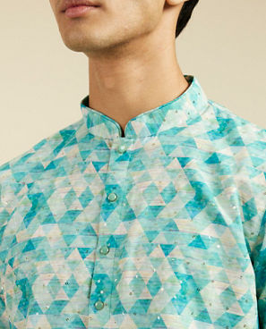 Diwas Men Aqua Green Harlequin Printed Kurta with Rhinestones