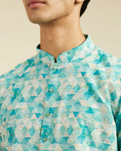 Diwas Men Aqua Green Harlequin Printed Kurta with Rhinestones