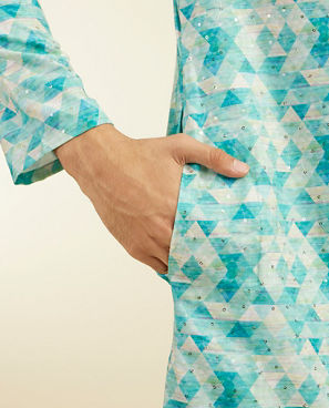 Diwas Men Aqua Green Harlequin Printed Kurta with Rhinestones