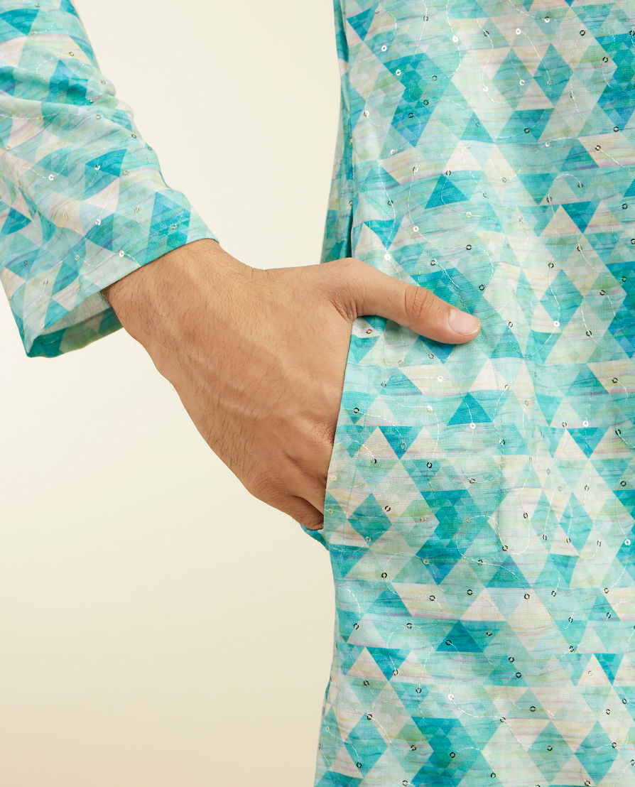 Diwas Men Aqua Green Harlequin Printed Kurta with Rhinestones