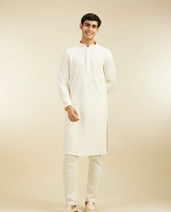 Diwas Men Cream White Chikankari Kurta with Sequin