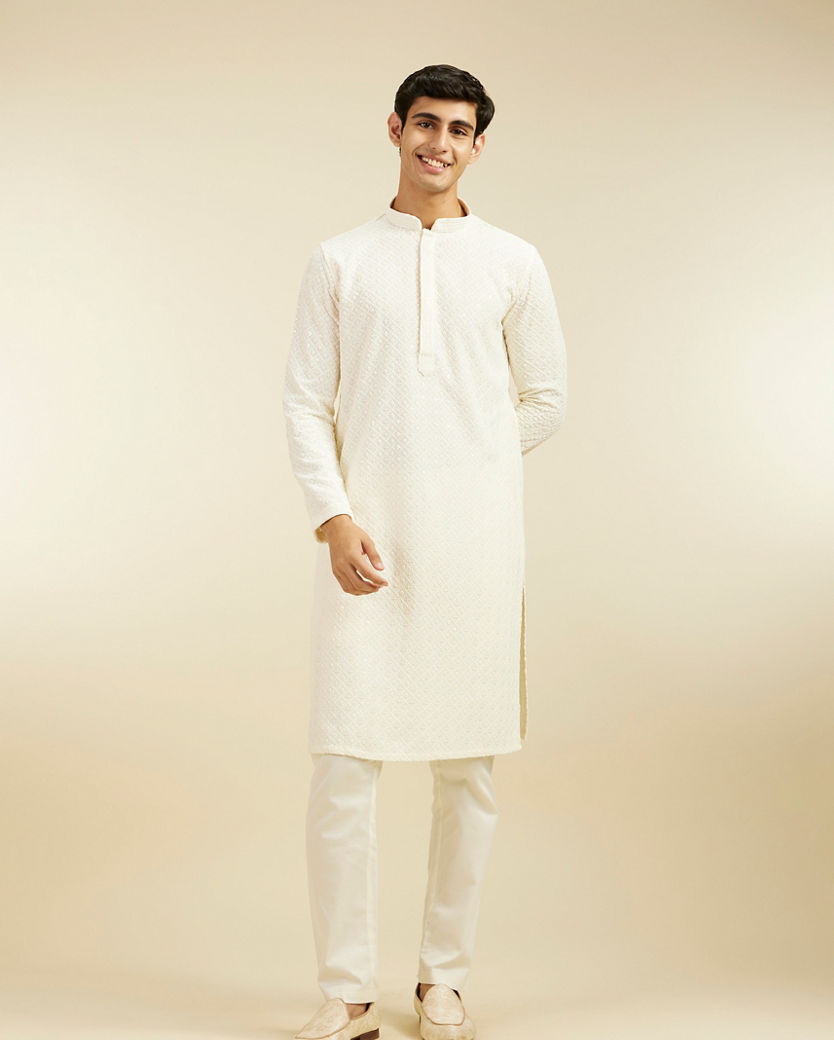 Diwas Men Cream White Chikankari Kurta with Sequin