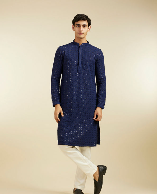 alt message - Diwas Men Navy Blue Chikankari Kurta with Sequin image number 2