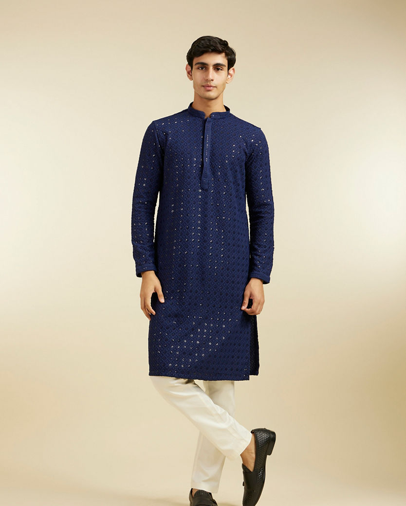 alt message - Diwas Men Navy Blue Chikankari Kurta with Sequin image number 2